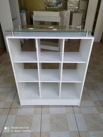 BALCÃO COLMÉIA C/ TAMPO DE VIDRO 100% MDF BRANCO 
