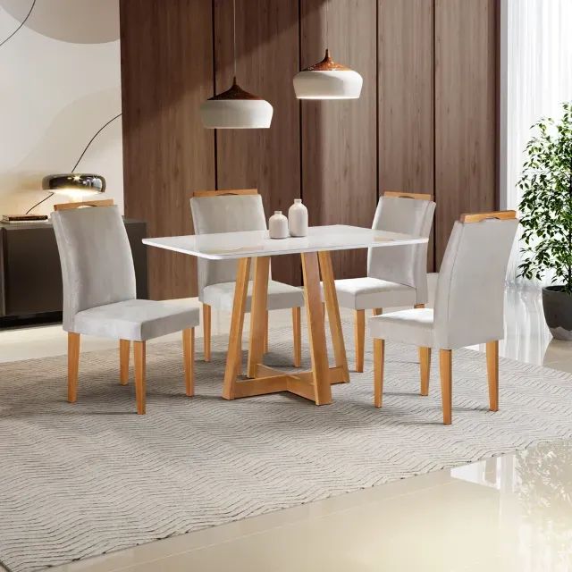 Mesa de Jantar c/ 4 Cadeiras c/ Pés e Base de Madeira Tampo Smart Mariana