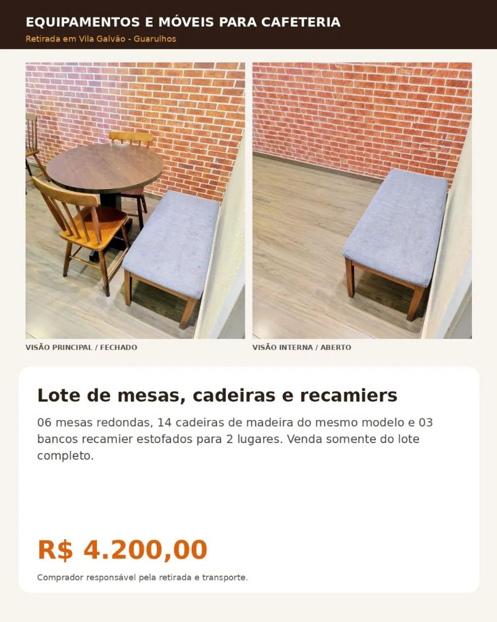 Lote com 6 mesas 14 cadeiras e 3 bancos para cafeteria