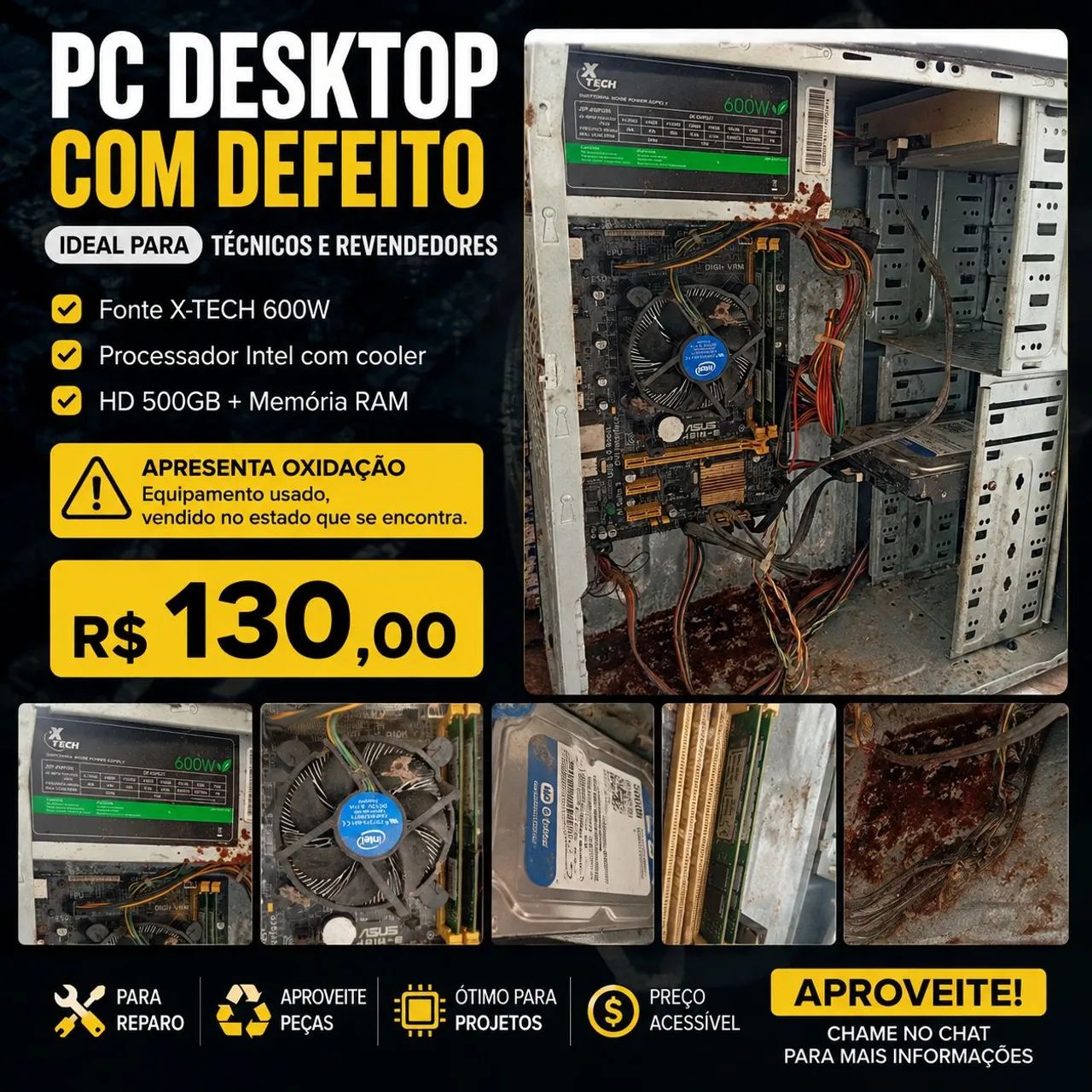 PC Desktop com Defeito + HD 500GB + RAM + Fonte 600W