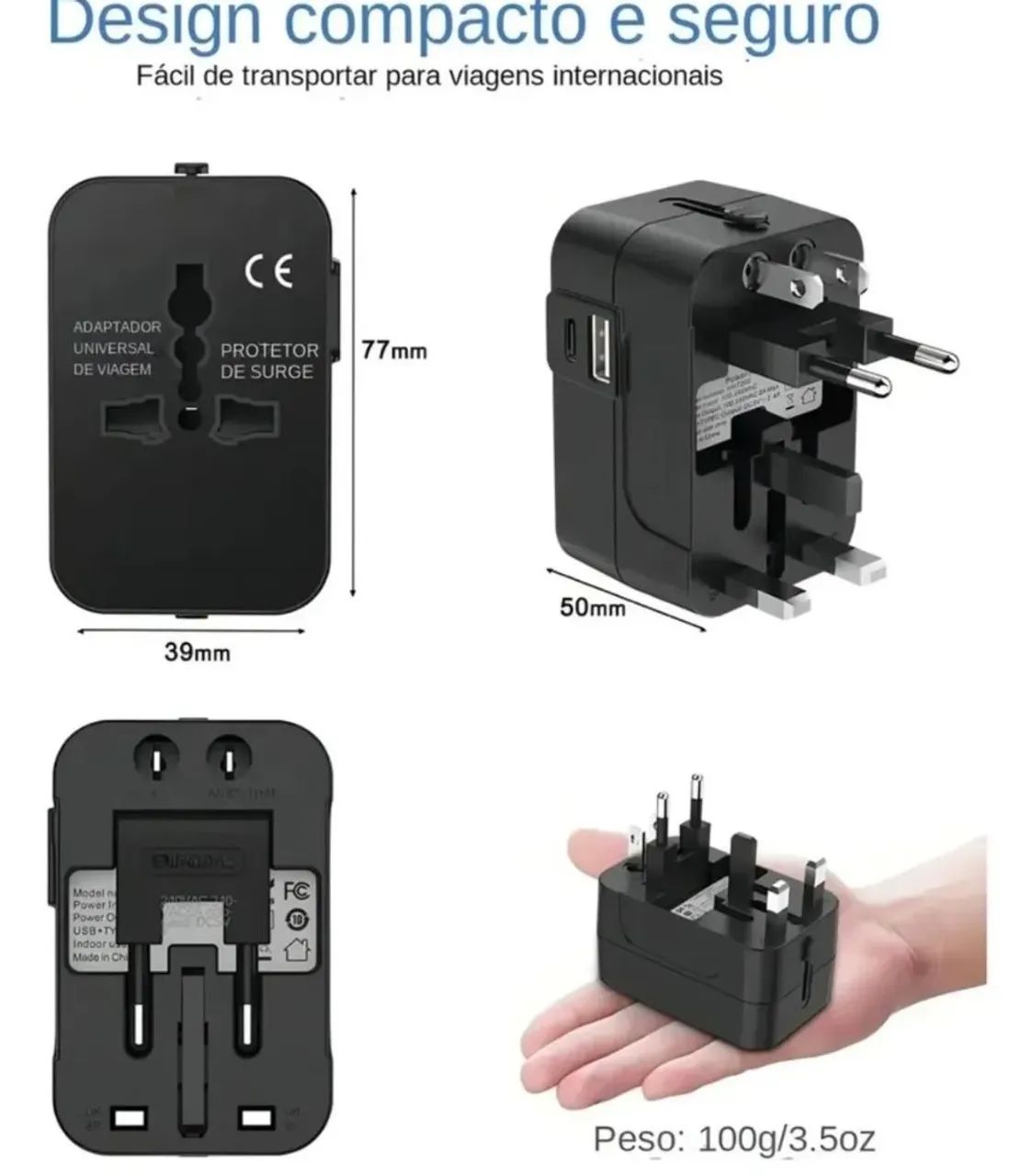 Adaptador Tomada Universal Com Usb E Usb-c Viagem 150 Países - Foto 3