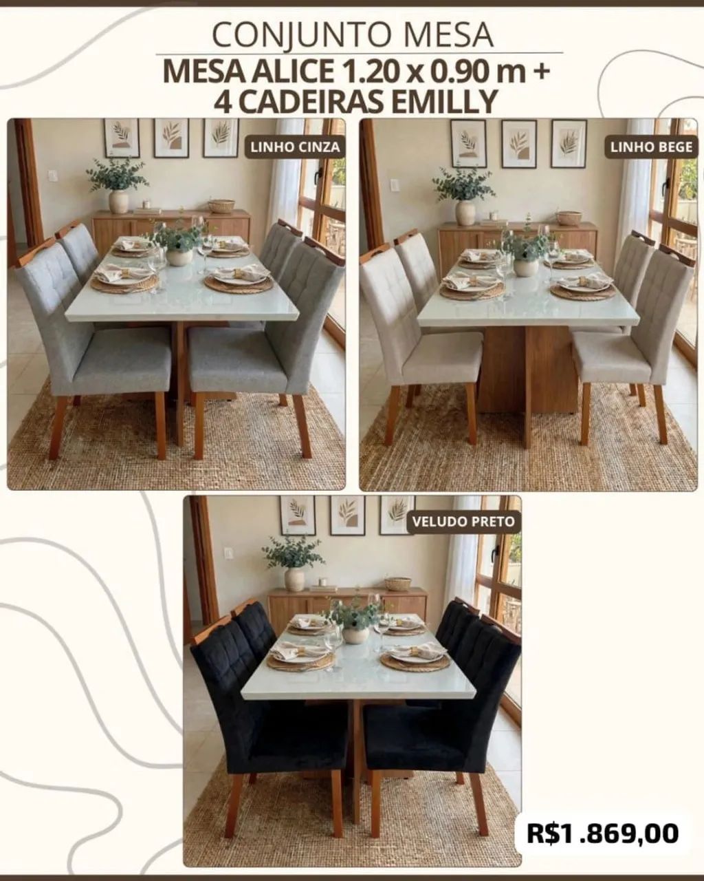Mesa de Jantar Alice 4 cadeiras madeiras