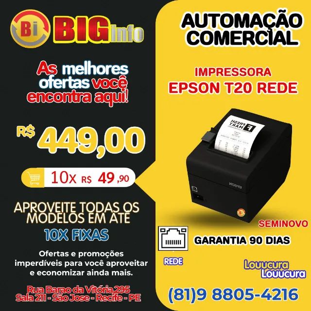 Impressora Termica de Cupom Epson T20x - Em ate 10x Fixas