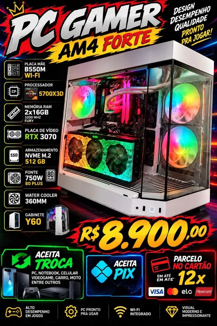 PC Gamer Ryzen 7 5700X3D + RTX 3070 + 32GB RAM + SSD