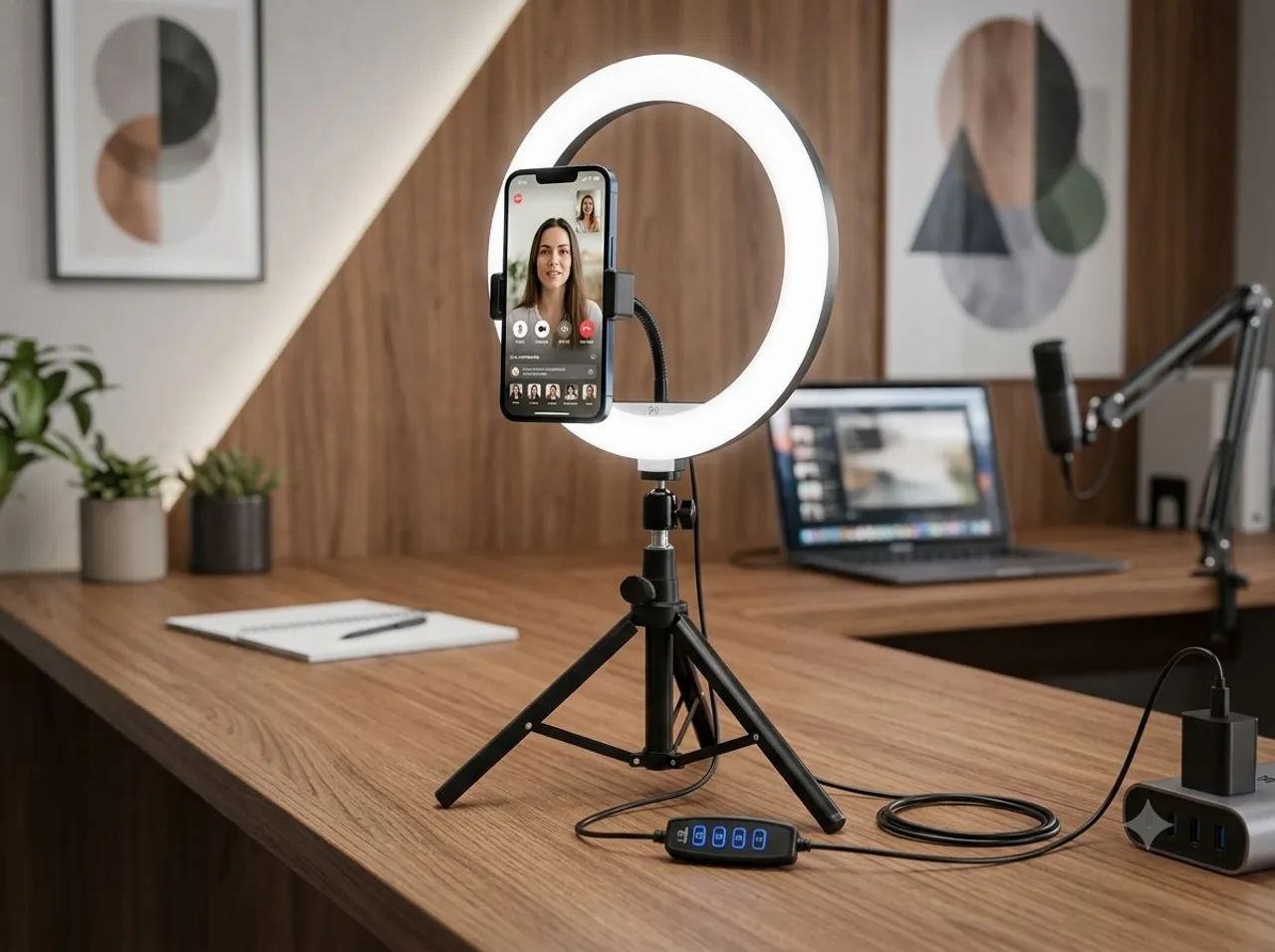 Ring Light LED de Mesa com Tripé e Suporte Celular - Usado na Caixa (Perfeito Estado)