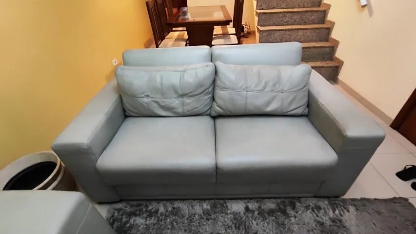Sofá 2 Lugares Couro Legítimo Azul Cinza Design Moderno Ótimo Estado