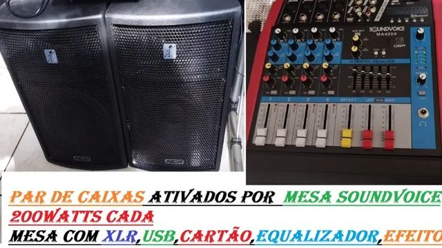 par de caixas ativadas por mesa soundvoice + mesa de som com equalizador troco ou parcelo 