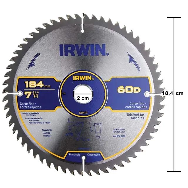 Disco Lâmina de Serra Circular para Madeira 7.1/4" 184mm x 20mm x 60 Dentes Irwin IW14110 - Foto 2