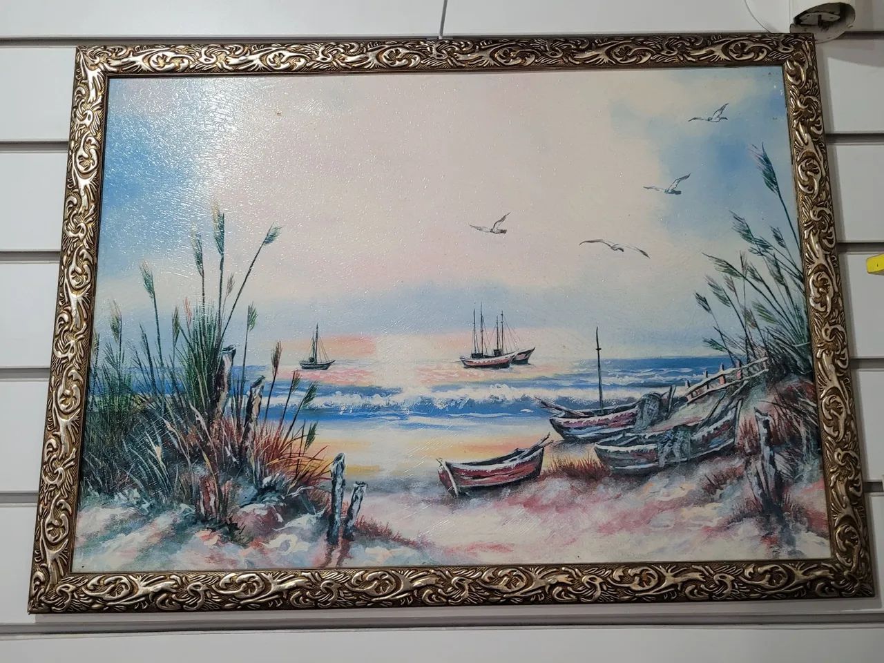 Quadro Paisagem Marinha com Barcos e Gaivotas
