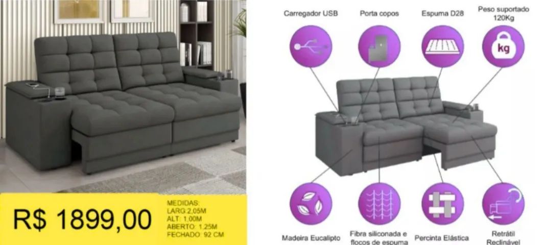 ESTOFADO RETRATIL E RECLINAVEL COM CABO USB A PRONTA-ENTREGA  - Foto 2