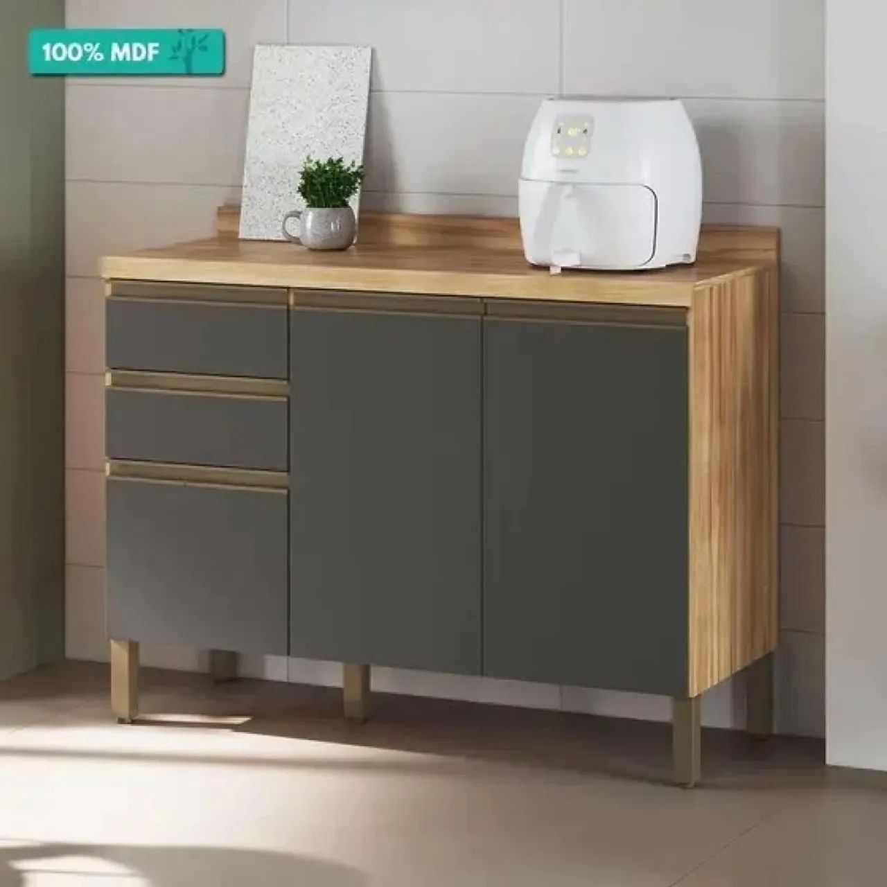 Balcão de Cozinha 3 Portas 2 Gavetas em MDF Ronipa Chardonnay Amendoa/Chumbo<br><br>