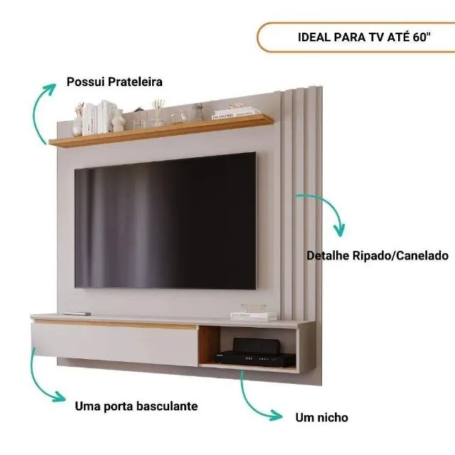 Painel para TV até 60 Polegadas Panamá Plus 100% MDF com 1 Porta Permóbili Off White/Natur - Foto 2