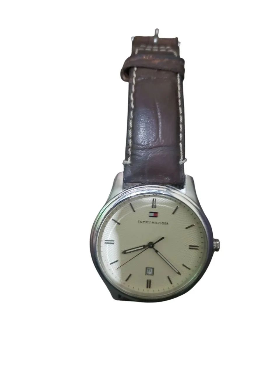 Relógio analógico original tommy hilfiger pulseira de couro marrom 