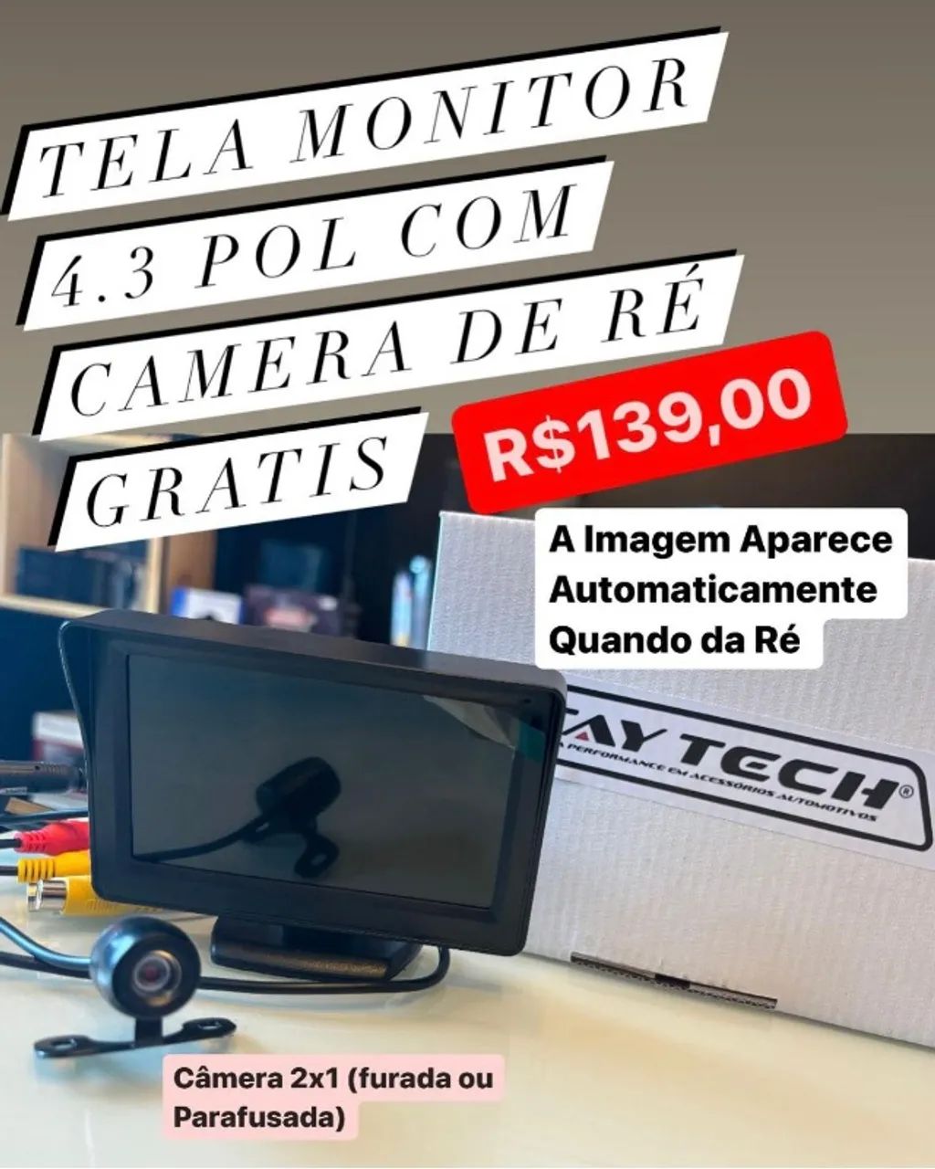 Tela Fixa Monitor Veicular 4.3 + Câmera De Ré Borboleta Carro Caminhão ...