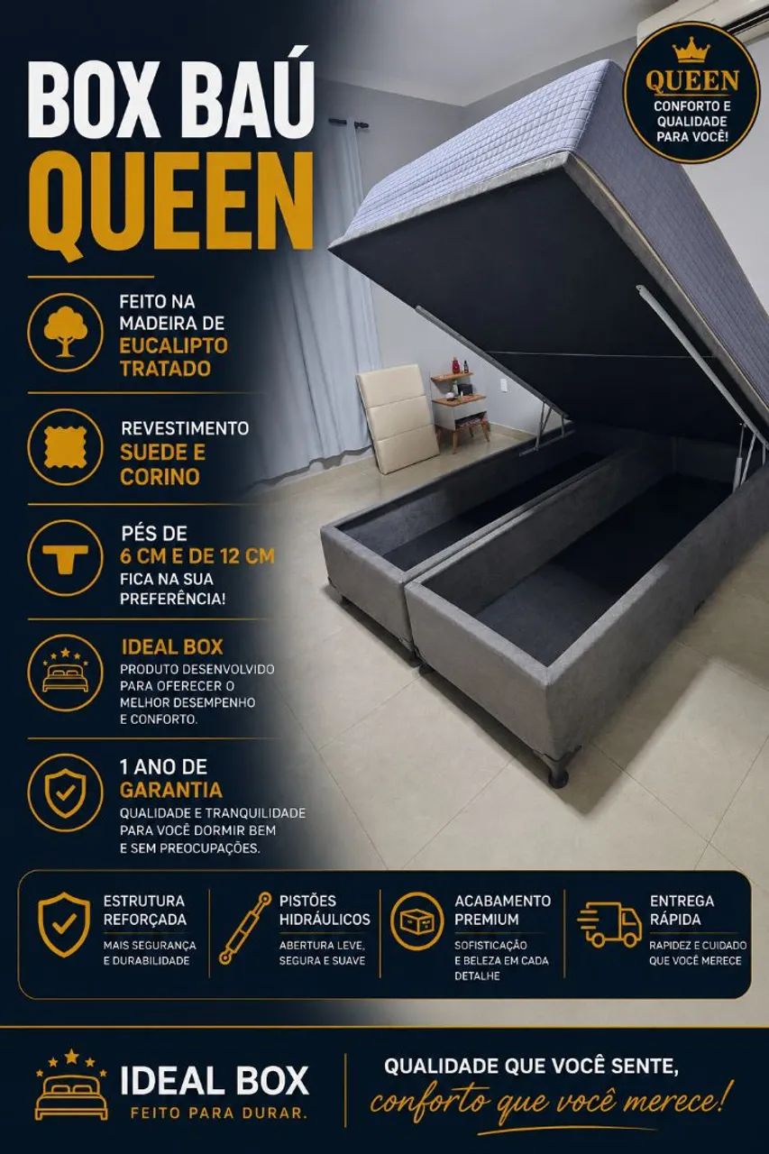 Box baú Queen 158*198_ Qualidade e Durabilidade, feito para durar.