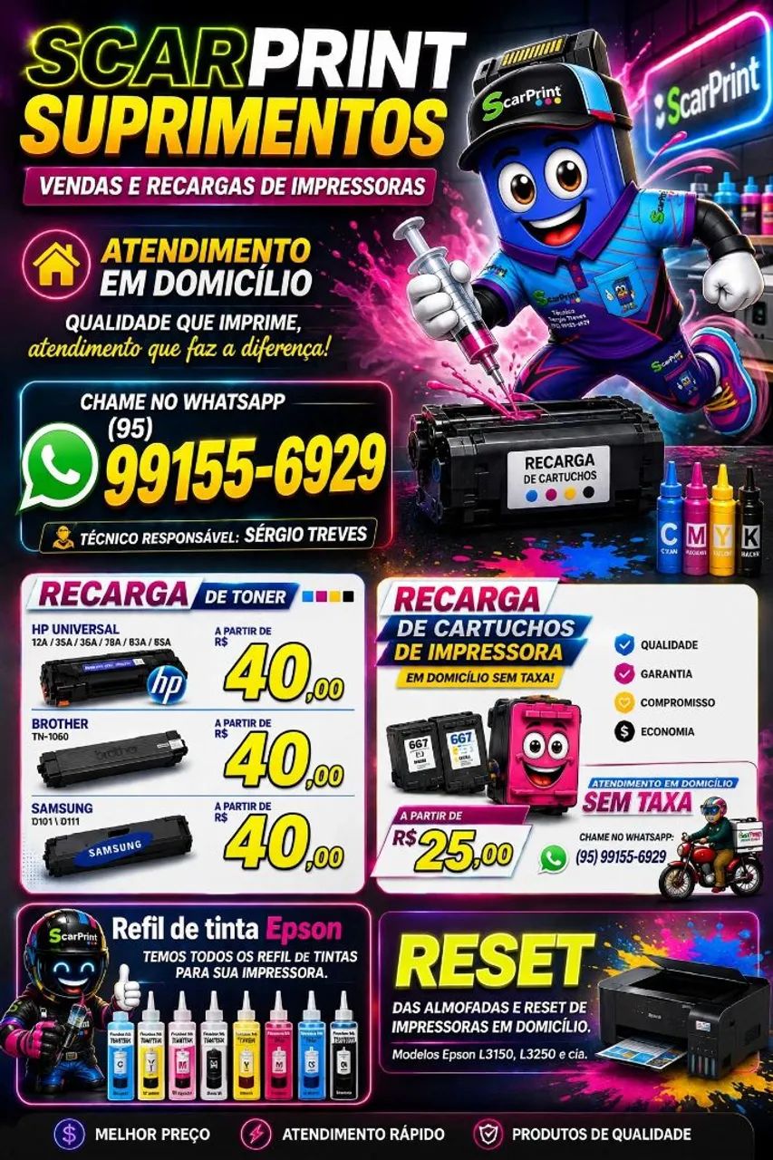 Suprimentos vendas e recargas de impressoras em domicílio 