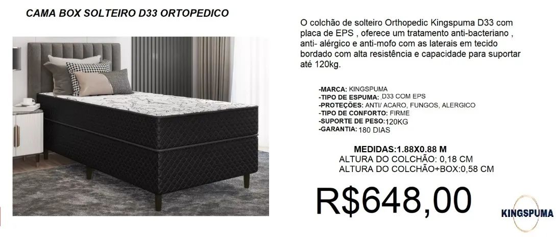 Cama box solteiro com colchão d33 espuma kingspuma - frete grátis