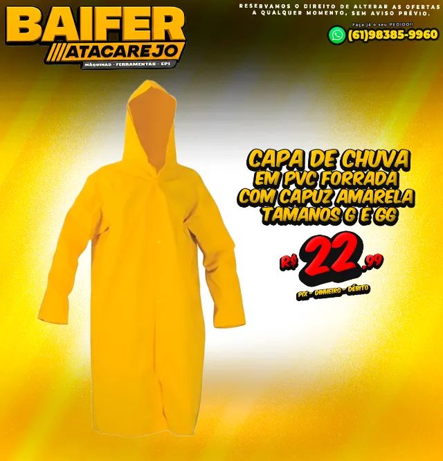 Capa de Chuva em Pvc Forrada Com Capuz Amarela G e GG