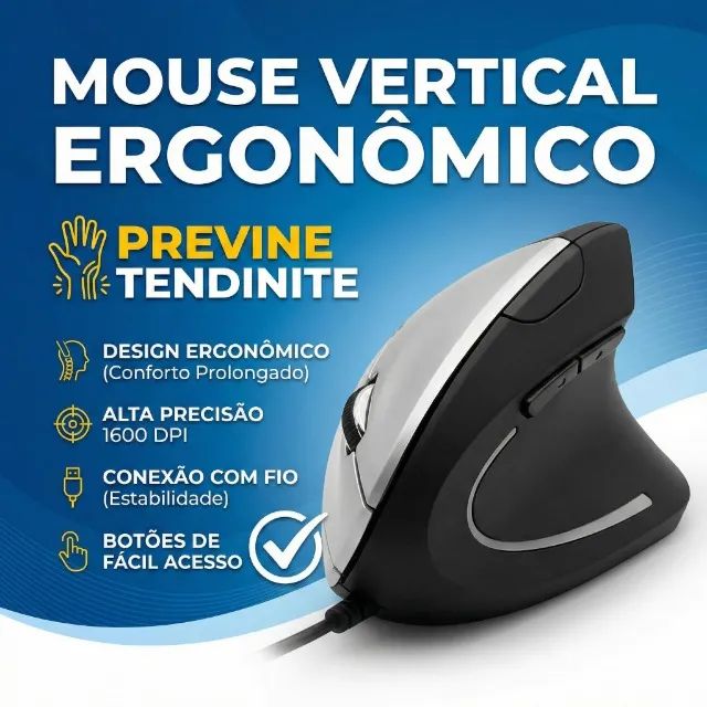 Mouse Vertical Ergonômico Com Fio 1600 DPI Previne Tendinite - Foto 3