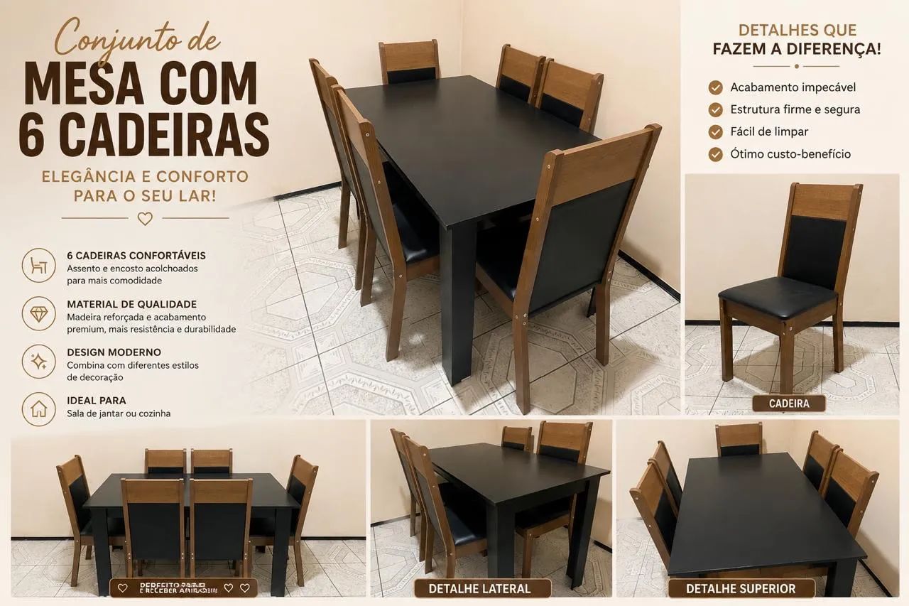 Conjunto de Mesa de Jantar com 6 Cadeiras - Preto e Madeira