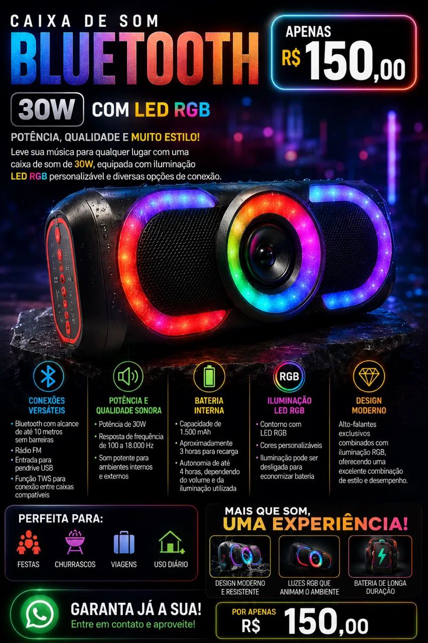 [NOVA]CAIXA DE SOM BLUETOOTH 30W COM LED RGB