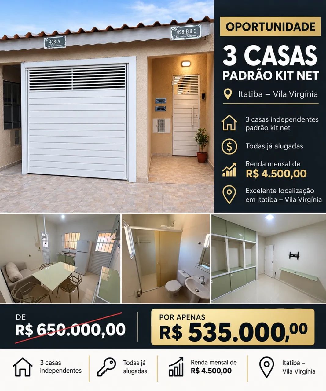 3 casas / kitnets completamente mobiliadas