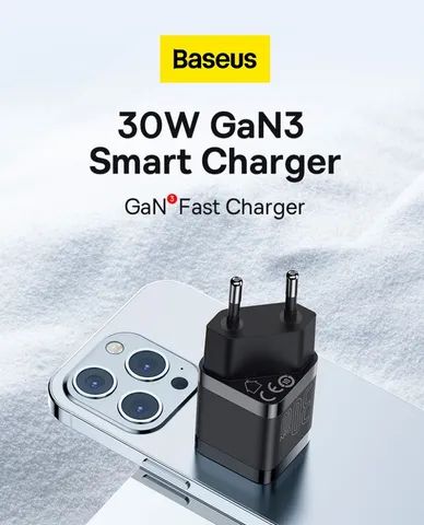 Carregador Baseus GaN3 USB-C 30w para iPhone Xiaomi Samsung Motorola 