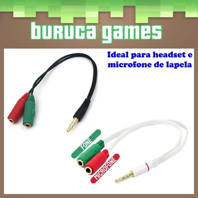 Cabo adaptador com 1 plugue P3 macho e 2 plugues P2 fêmea (fone/microfone)