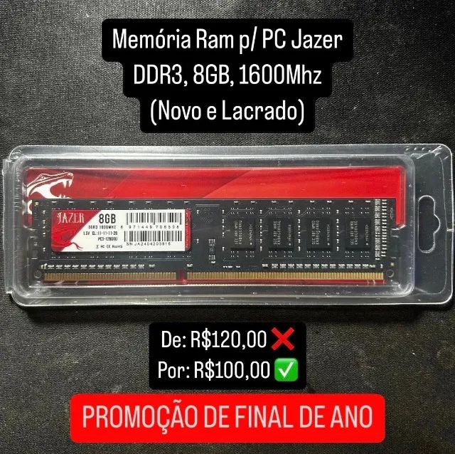  Memória Ram p/ PC Jazer, 8GB, DDR3, 1600Mhz (Novo e Lacrado)