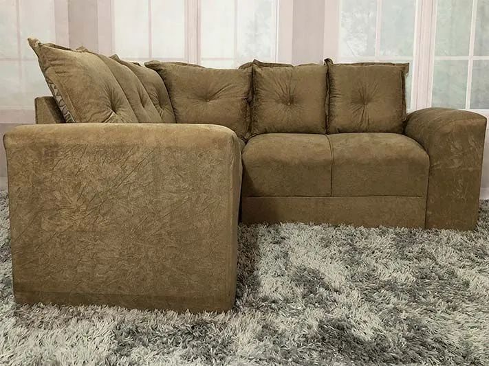 Sofá de Canto 5 Lugares Suede Bege Almofadas Soltas  - Foto 2