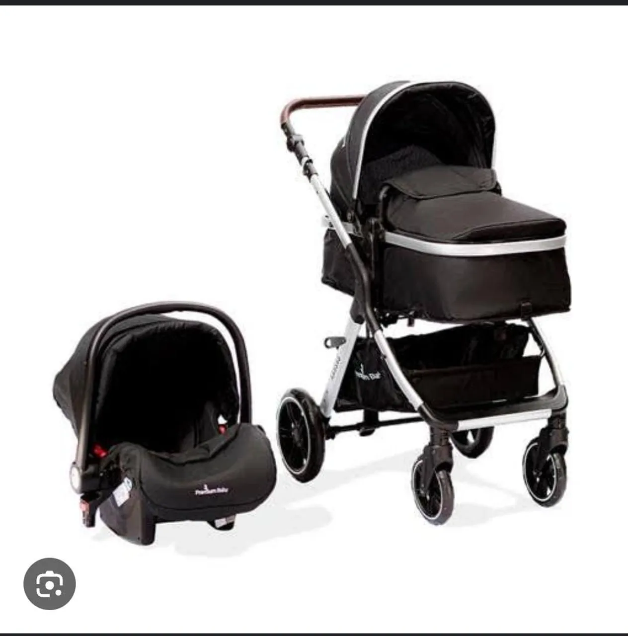Carinho de bebê Moisés junto com bebê conforto