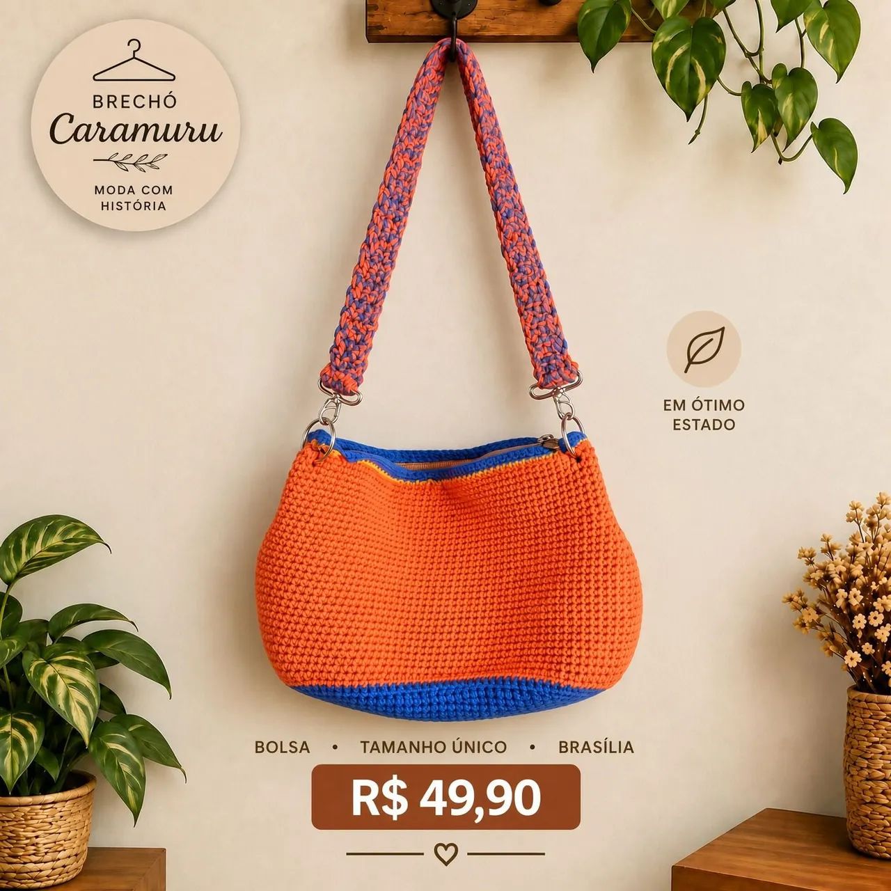 Bolsa de crochê laranja e azul -Brasilia 