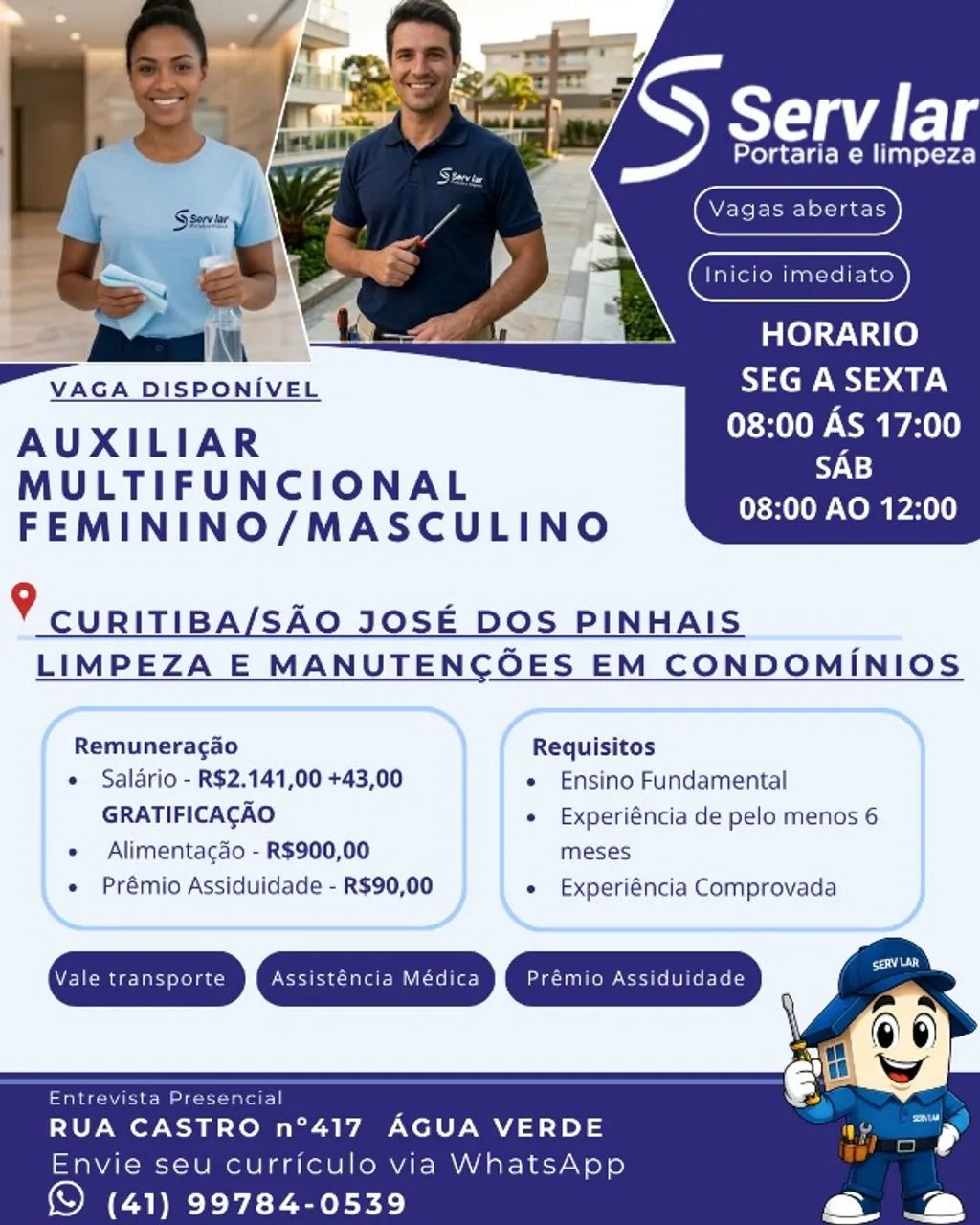 Auxiliar Multifuncional feminina e masculino