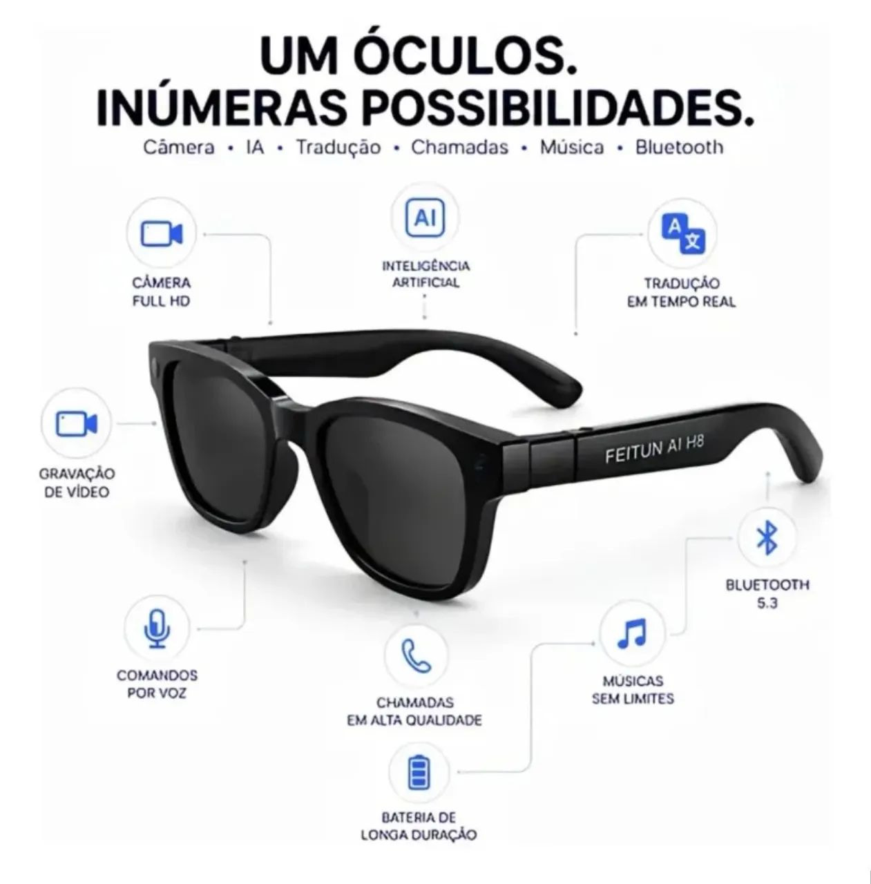 Óculos Inteligente Smart Glasses com IA, Câmera, Bluetooth e Tradução - Foto 4