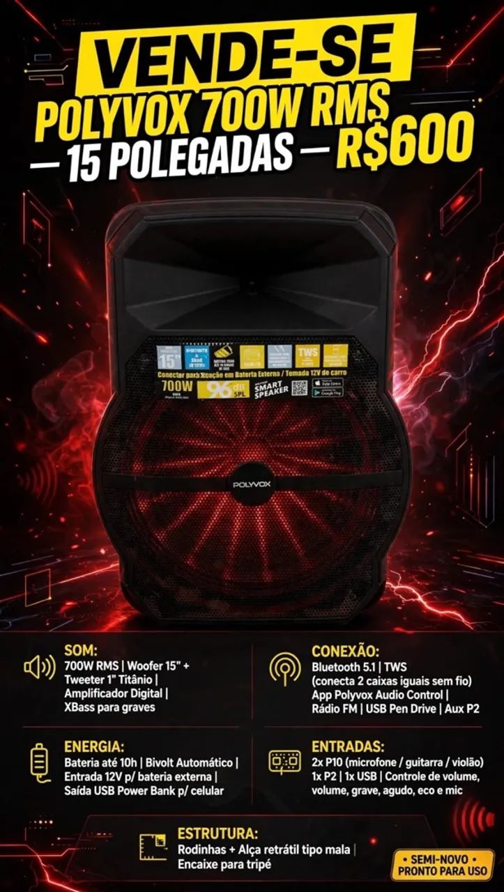 VENDE-SE POLYVOX 700W RMS - 15 POLEGADAS -