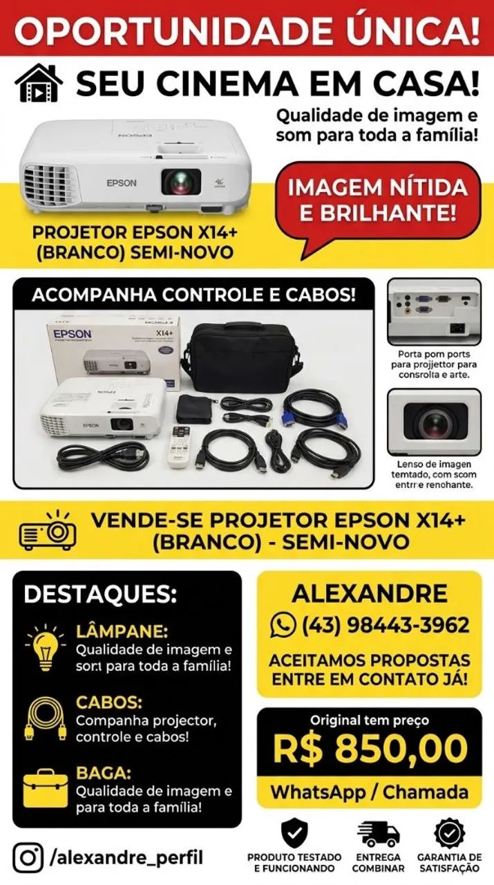 Projetor Epson X14+ 3000 Lumens com Hdmi
