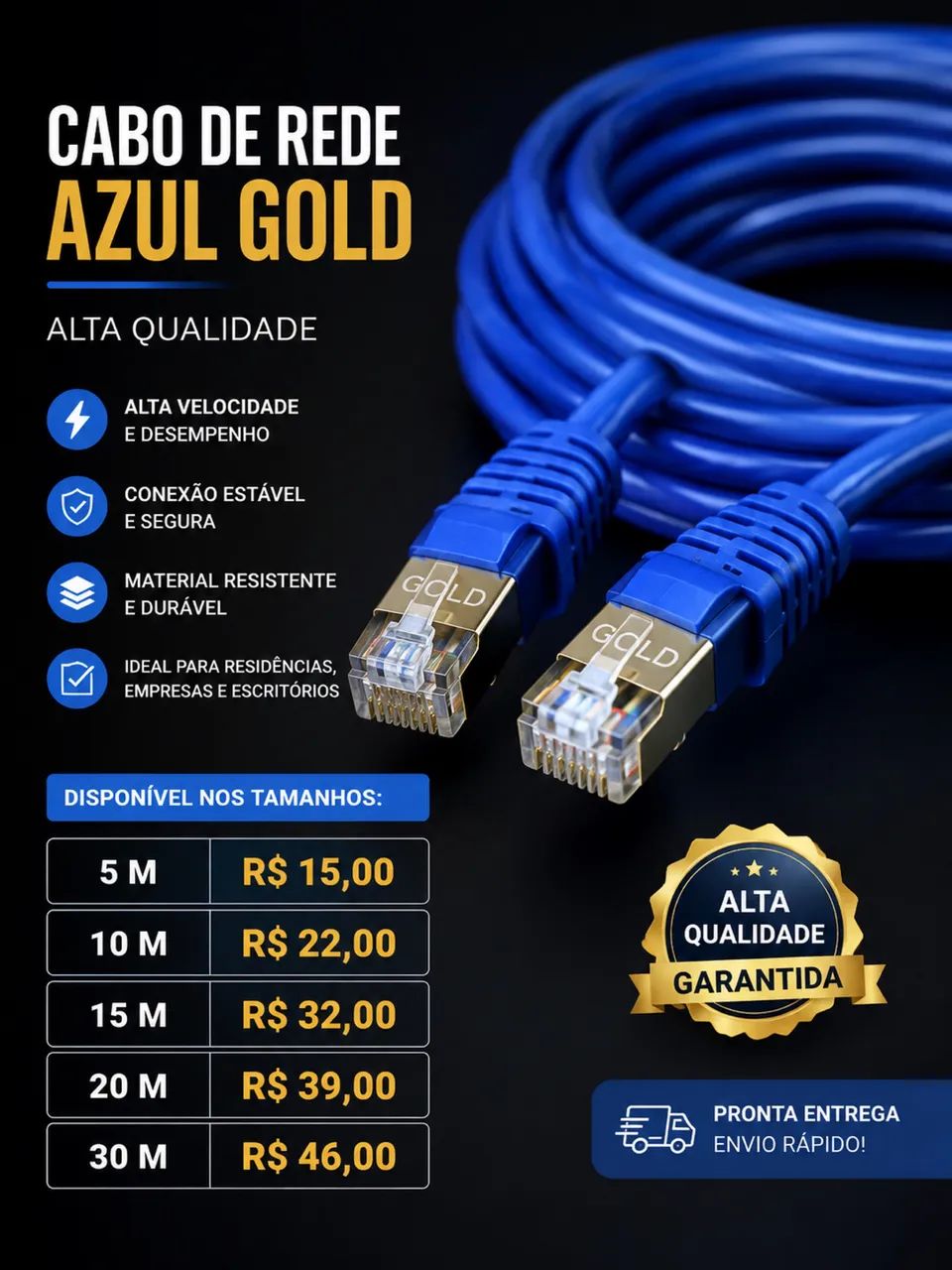 Cabo de rede 5M 10M 15M 20M 30M 