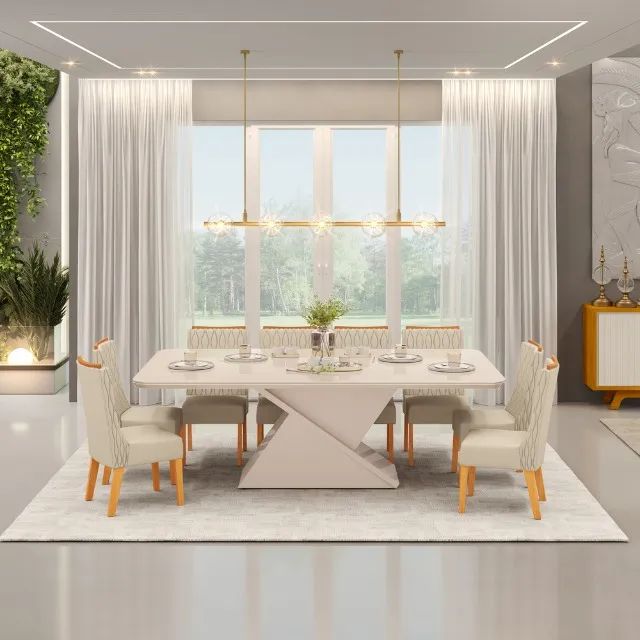 Mesa de Jantar com Tampo de Vidro + 8 Cadeiras no Branco