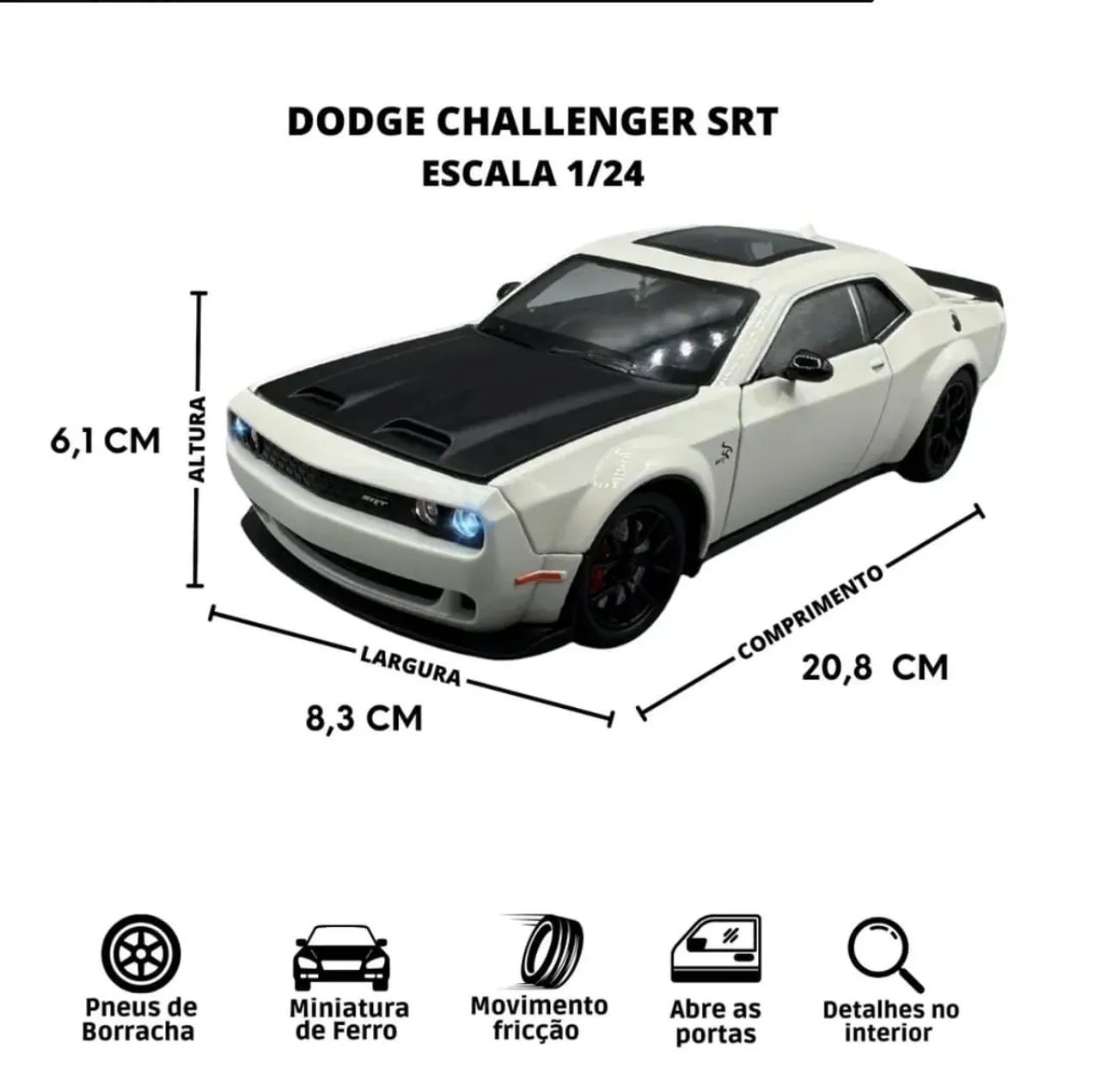 Miniatura Dodge Challenger Branco 1:24 - Luz e Som - Foto 4
