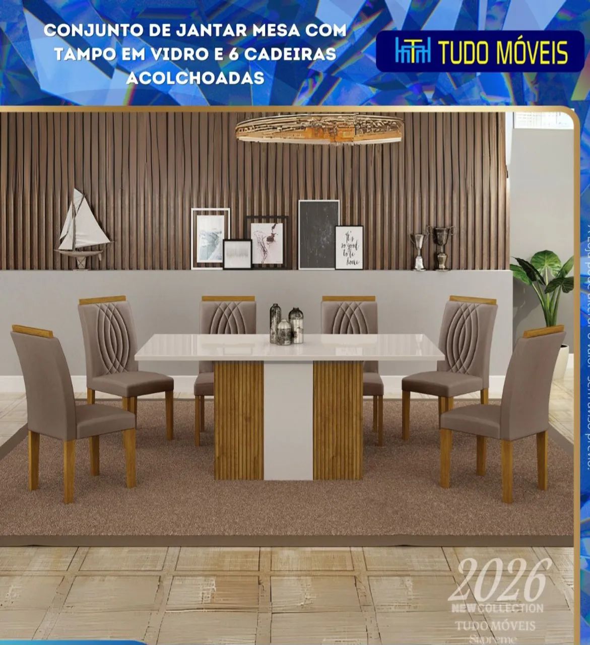 CONJUNTO DE MESA COM TAMPO DE VIDRO+6 CADEIRAS ACOLCHOADAS - Foto 2
