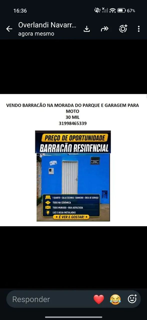 Vendo barracão residencial 
