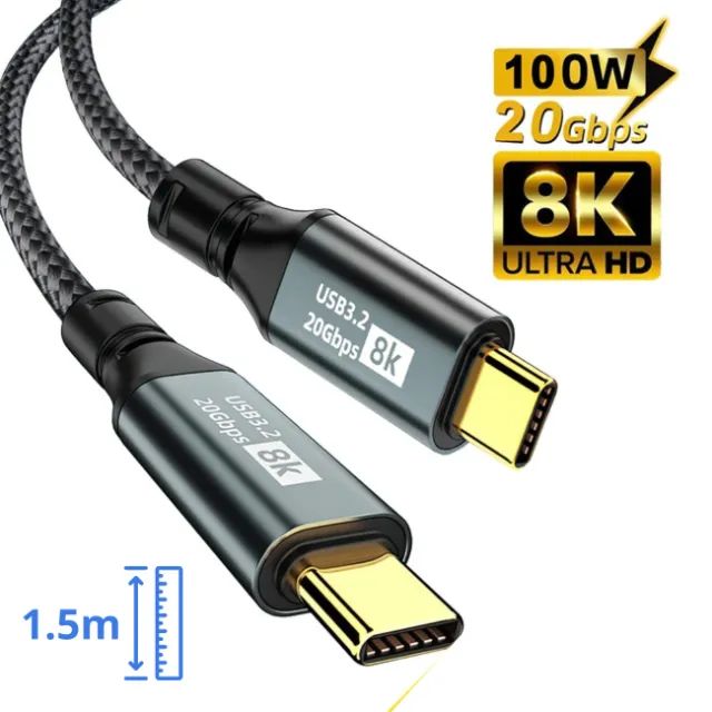 Cabo de carregamento rápido PD100W USB 3.2 Tipo C para Tipo-C ThunderBolt 3 iPhone 15 Pro 