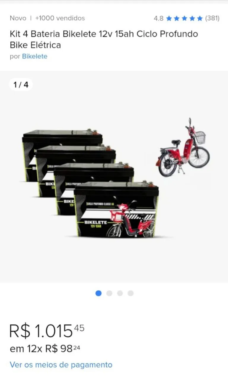 Kit 4 Bateria Bikelete 12v 15ah