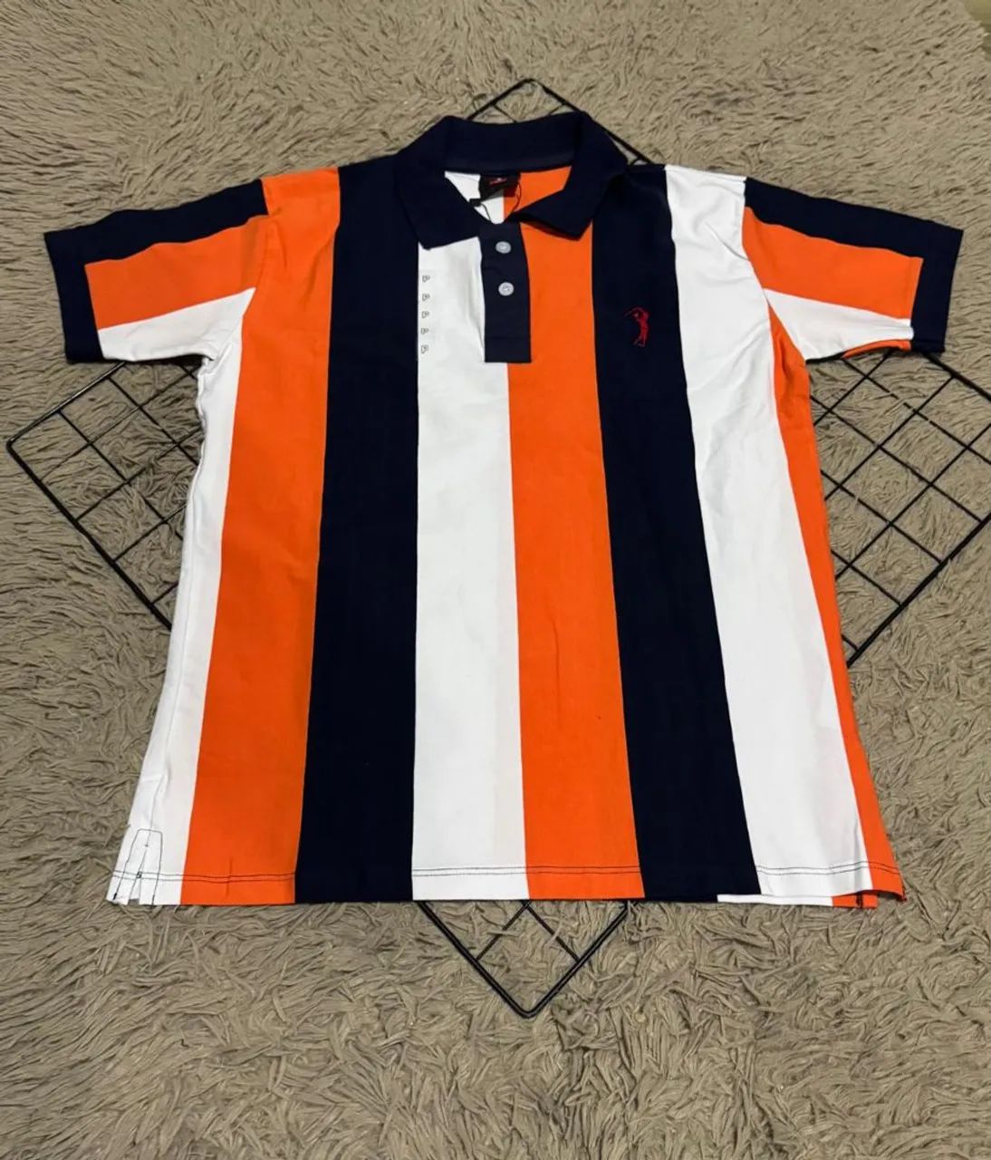 Camisa Polo Listrada Laranja, Branca e Azul