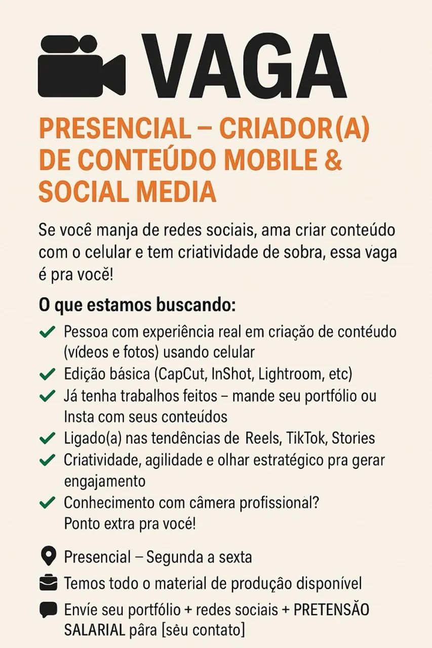 Vaga criador (a) de Conteúdo Móbile & Social Media 