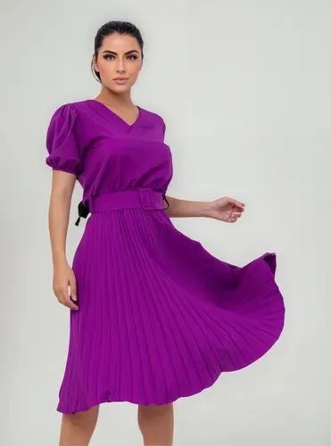 Vestido Plissado Lisa MIDI Rodado com Cinto - Foto 2
