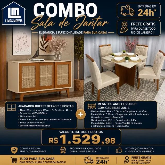 COMBO SALA: BUFFET + MESA DE JANTAR 90X90 CM - Foto 3