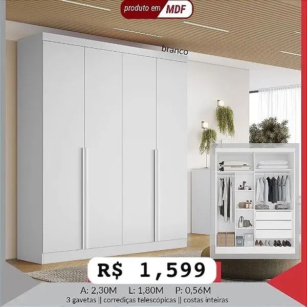 Guarda Roupa Alvorada 4 portas MDF 