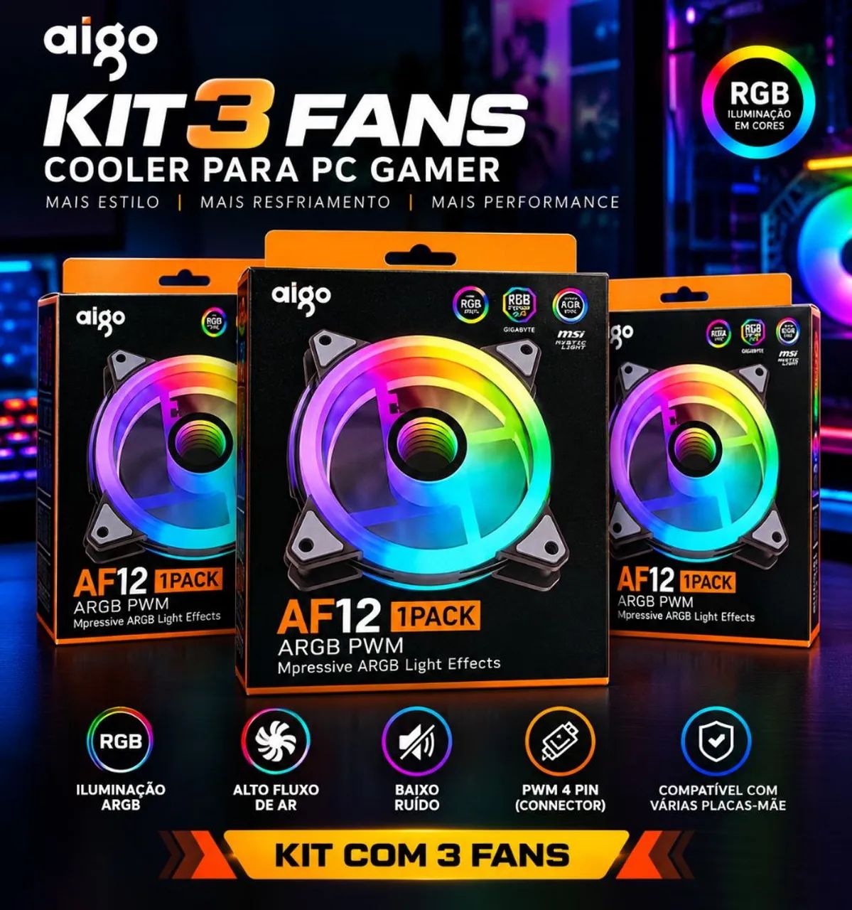 Kit com  3 fans Aigo  AF12  ARGB e com conector PWM  - Foto 4