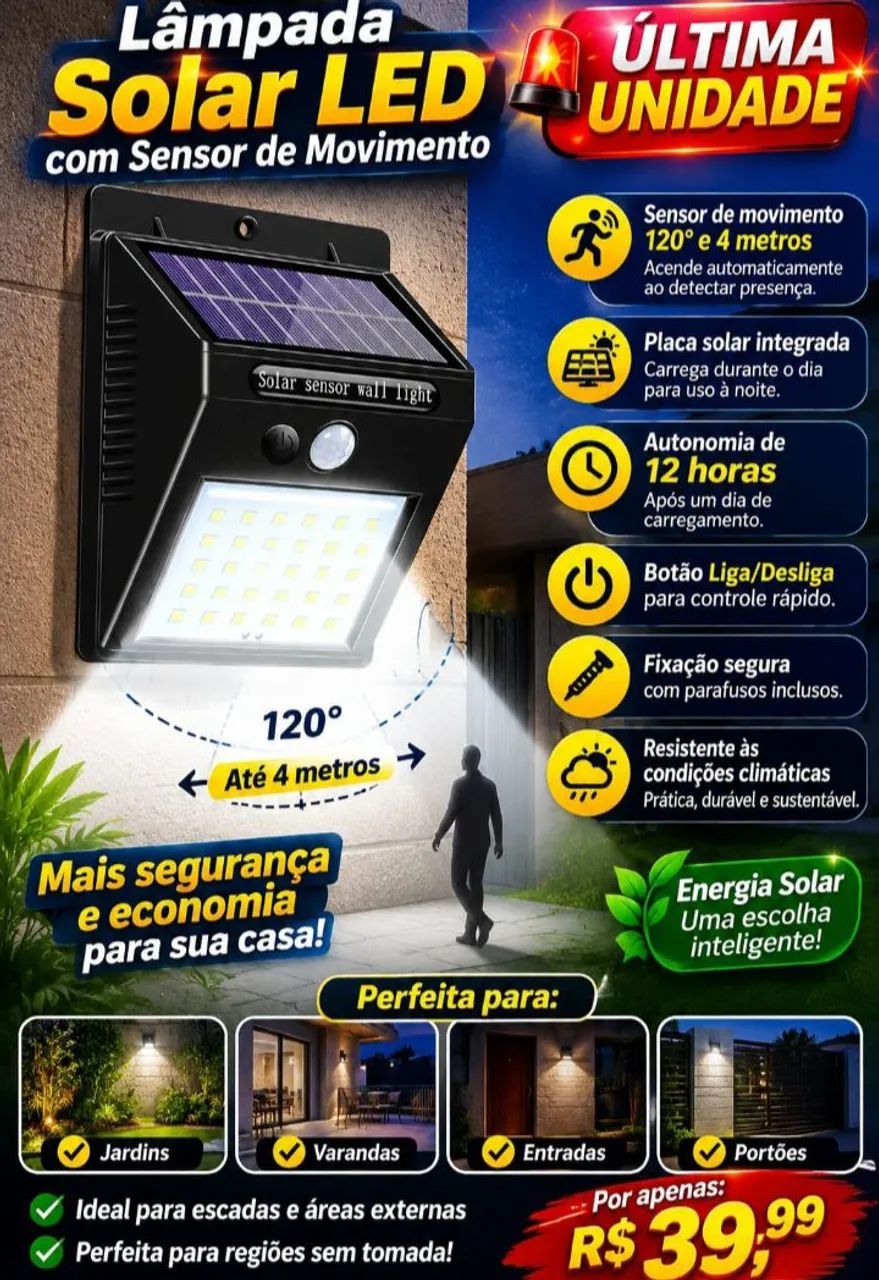 ?uminaria Solar de led com sensor de presença Entregamos 